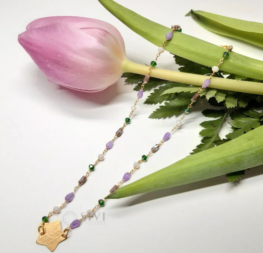 Collana rosario con cristalli glicine e tortora e stella satinata in linea
